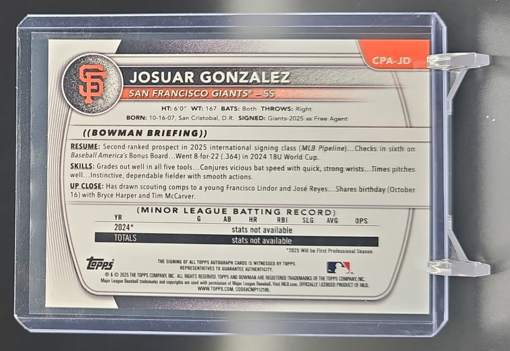 2025 Bowman Chrome Josuar Gonzalez #CPA-JD Auto Green Refractor /99 1st Prospect nan nan image 1
