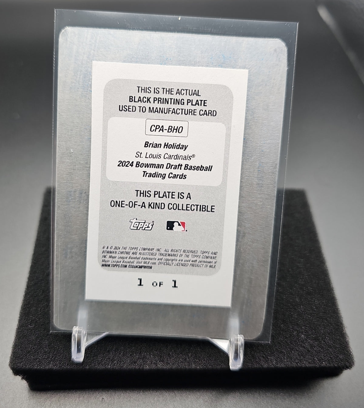 2024 Bowman Draft Brian Holiday #CPA-BHO Chrome Auto Printing Plate Black 1/1 1st Prospect image 1