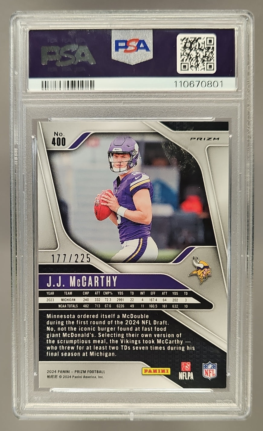 2024 Panini Prizm J.J. McCarthy #400 Purple Ice 177/225 RC Vikings PSA 9 image 1
