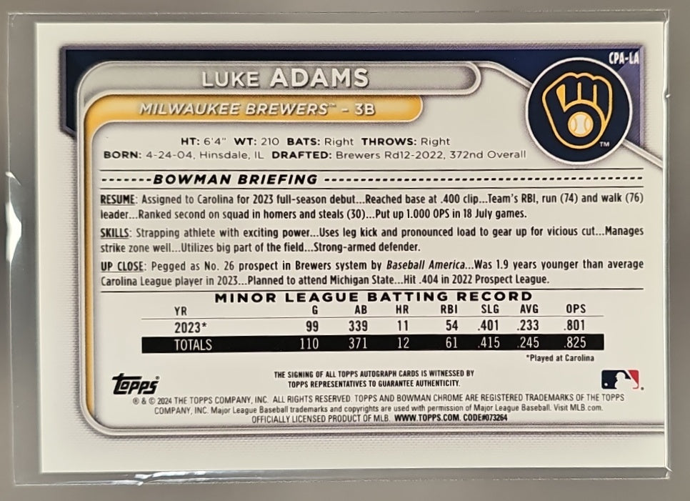 2024 Bowman Luke Adams #CPA-LA Chrome Auto 1st Prospect Brewers image 1
