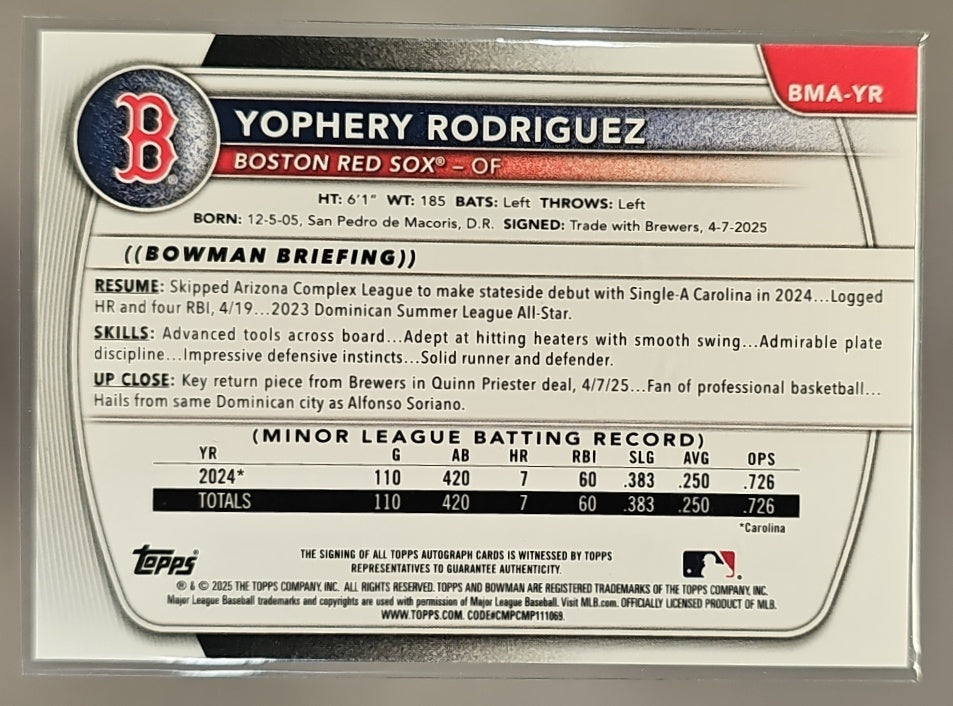 2025 Bowman Chrome Mega Box Yophery Rodriguez #BMA-YR Prospect Auto Purple Mojo Refractor /199 image 1