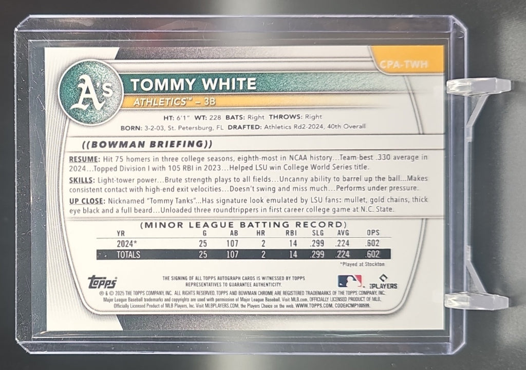 2025 Bowman Chrome Tommy White #CPA-TWH Auto HTA Choice Refractor /150 1st Prospect image 1