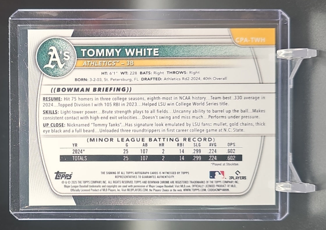 2025 Bowman Chrome Tommy White #CPA-TWH Auto HTA Choice Refractor /150 1st Prospect image 1