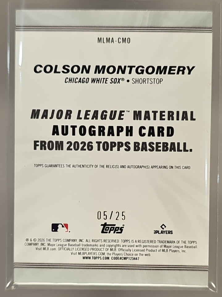 2026 Topps Series 1 Colson Montgomery #MLMA-CMO Major League Material Auto Orange /25 MEM RC image 1