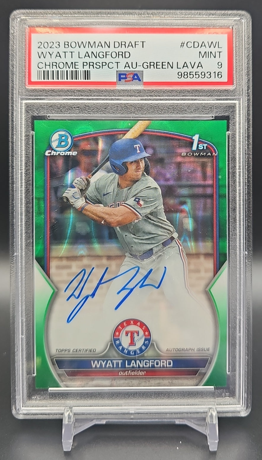 2023 Bowman Draft Wyatt Langford #CDA-WL Chrome Auto Green Lava Refractor /99 1st Prospect PSA 9 PSA 9.0 image 0