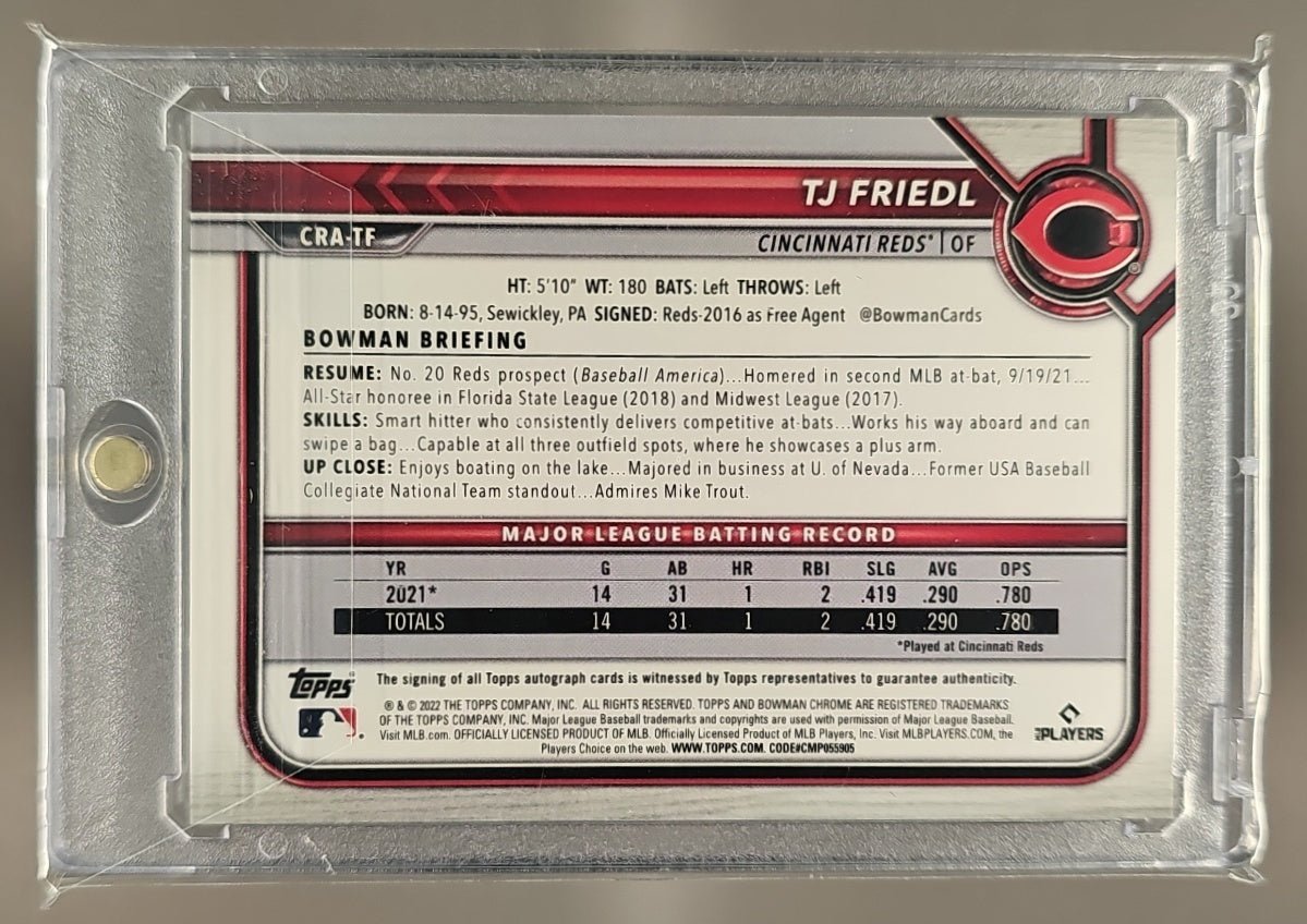 2022 Bowman Chrome TJ Friedl #CRA-TJ Rookie Auto RC Reds image 1