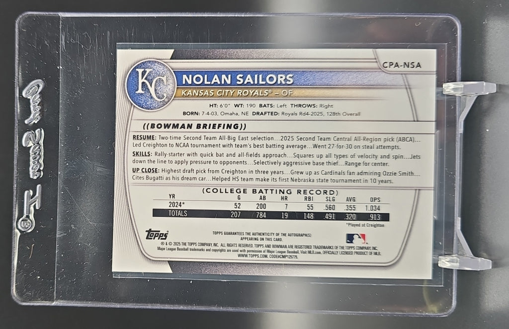 2025 Bowman Draft Nolan Sailors #CPA-NSA Chrome Auto Purple Refractor /250 1st Prospect nan nan image 1