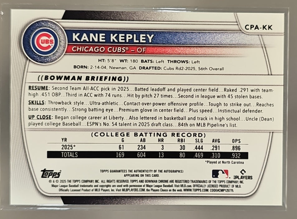 2025 Bowman Draft Kane Kepley #CPA-KK Chrome Auto 1st Prospect Cubs image 1