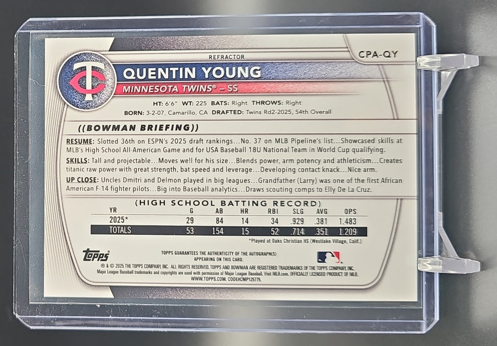2025 Bowman Draft Quentin Young #CPA-QY Chrome Auto Refractor /499 1st Prospect nan nan image 1