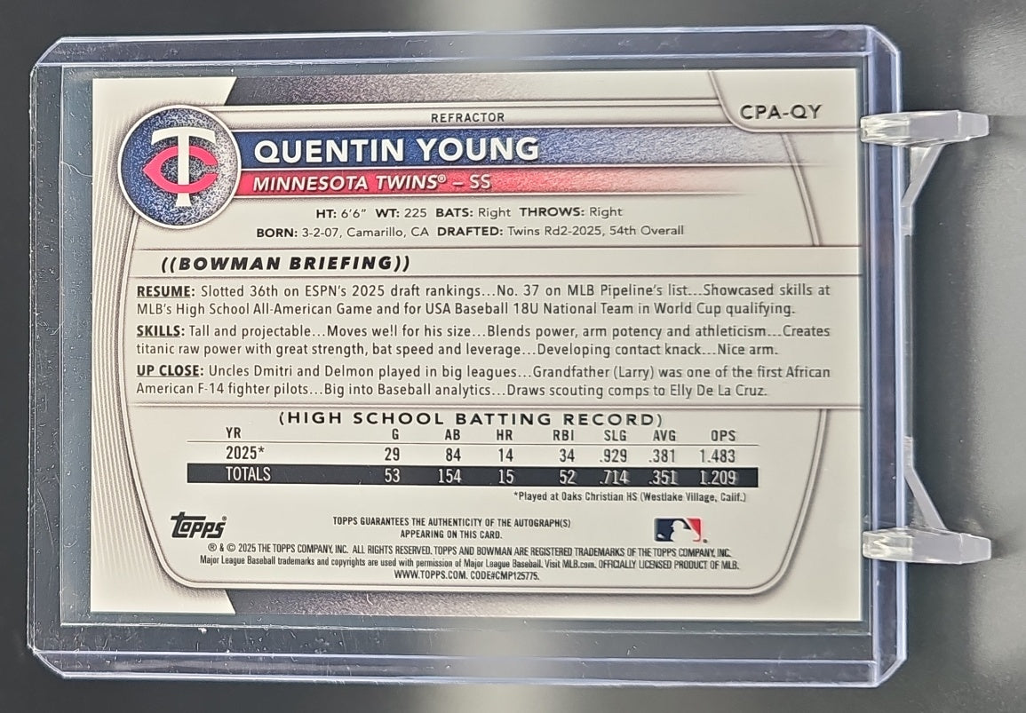 2025 Bowman Draft Quentin Young #CPA-QY Chrome Auto Refractor /499 1st Prospect nan nan image 1