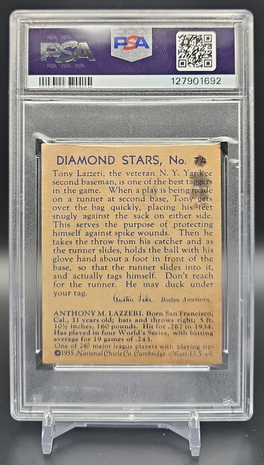 1935 Best Tony Lazzeri #74 Diamond Stars Blue back PSA 2.0 image 1