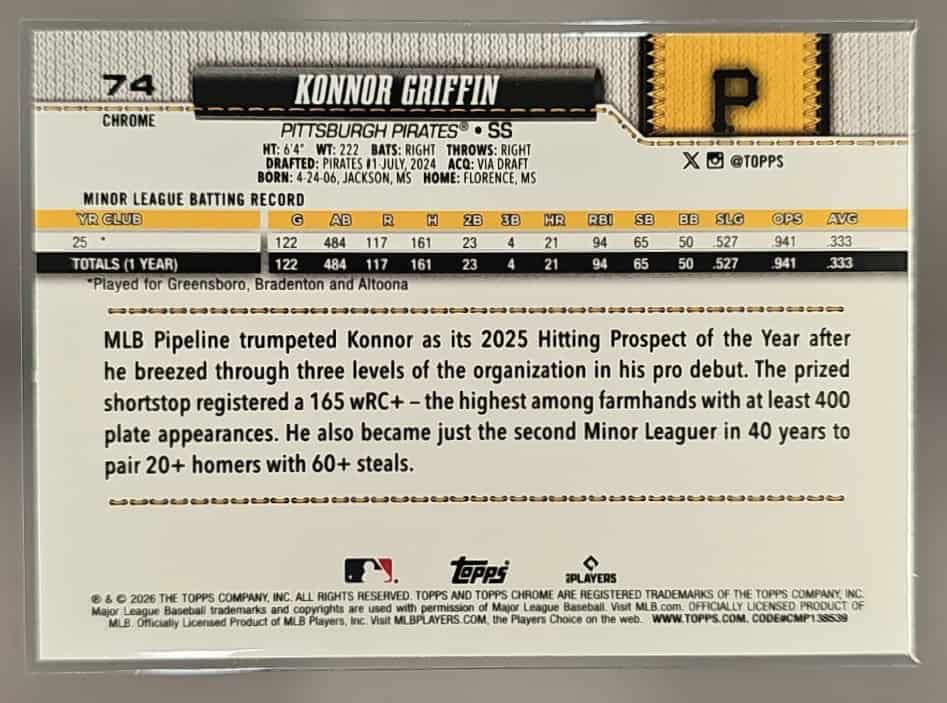 2026 Topps Chrome Konnor Griffin #74 Negative Refractor RC Pirates image 1