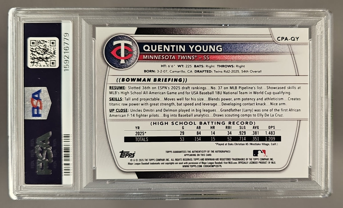 2025 Bowman Draft Sapphire Quentin Young #CPA-QY Chrome Auto Gold Refractor /50 1st Prospect PSA 9 image 1