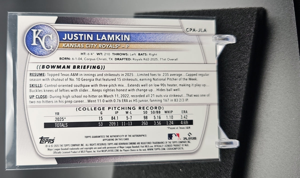 2025 Bowman Draft Justin Lamkin #CPA-JLA Chrome Auto Purple Refractor /250 1st Prospect image 1