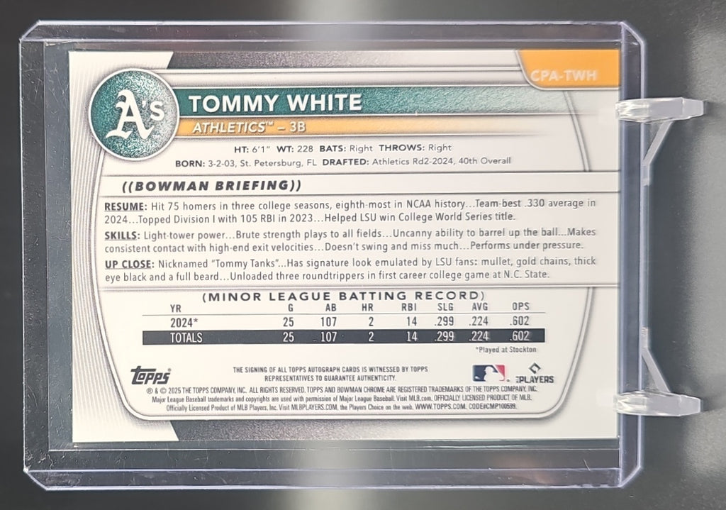 2025 Bowman Chrome Tommy White #CPA-TWH Auto Green Refractor /99 1st Prospect image 1