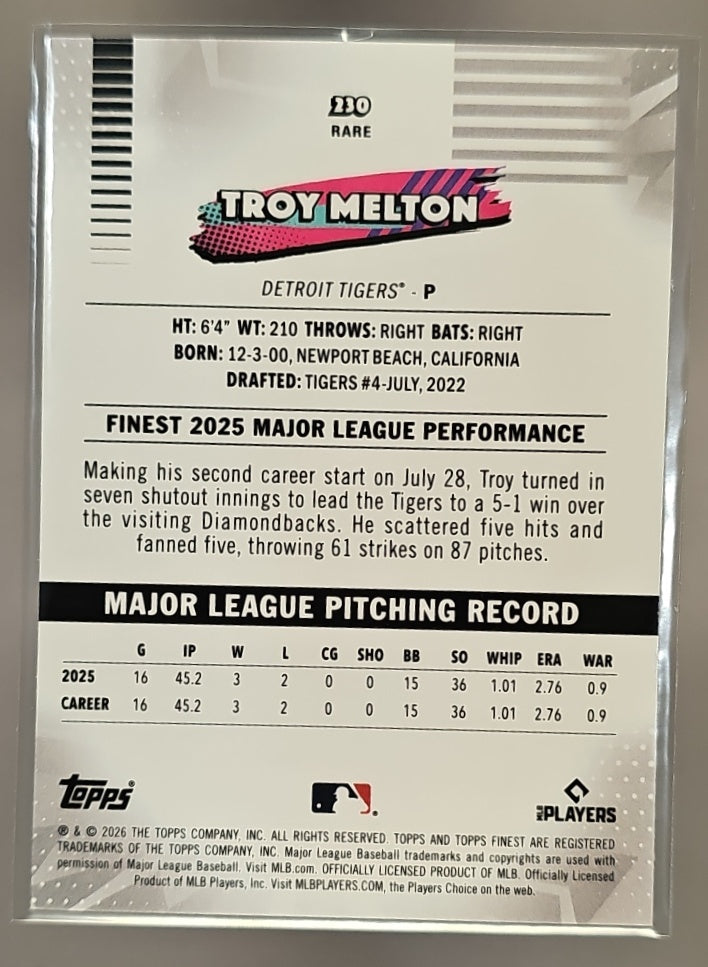 2026 Topps Finest Troy Melton #230 Rare RC Tigers image 1