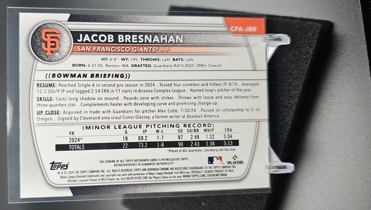 2025 Bowman Jacob Bresnahan #CPA-JBR Chrome Auto Reptilian Green Refractor /99 1st Prospect image 1