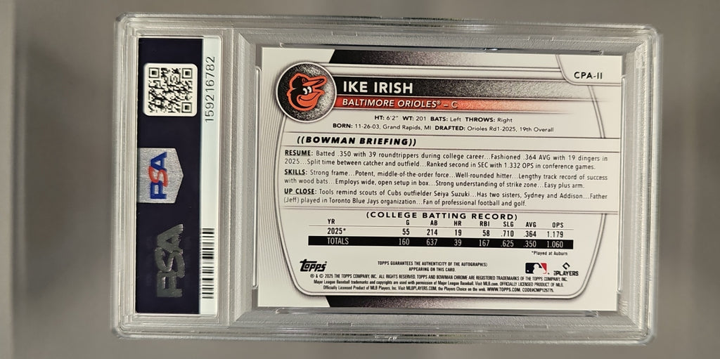 2025 Bowman Draft Sapphire Ike Irish #CPA-II Chrome Auto /199 1st Prospect PSA 10 image 1