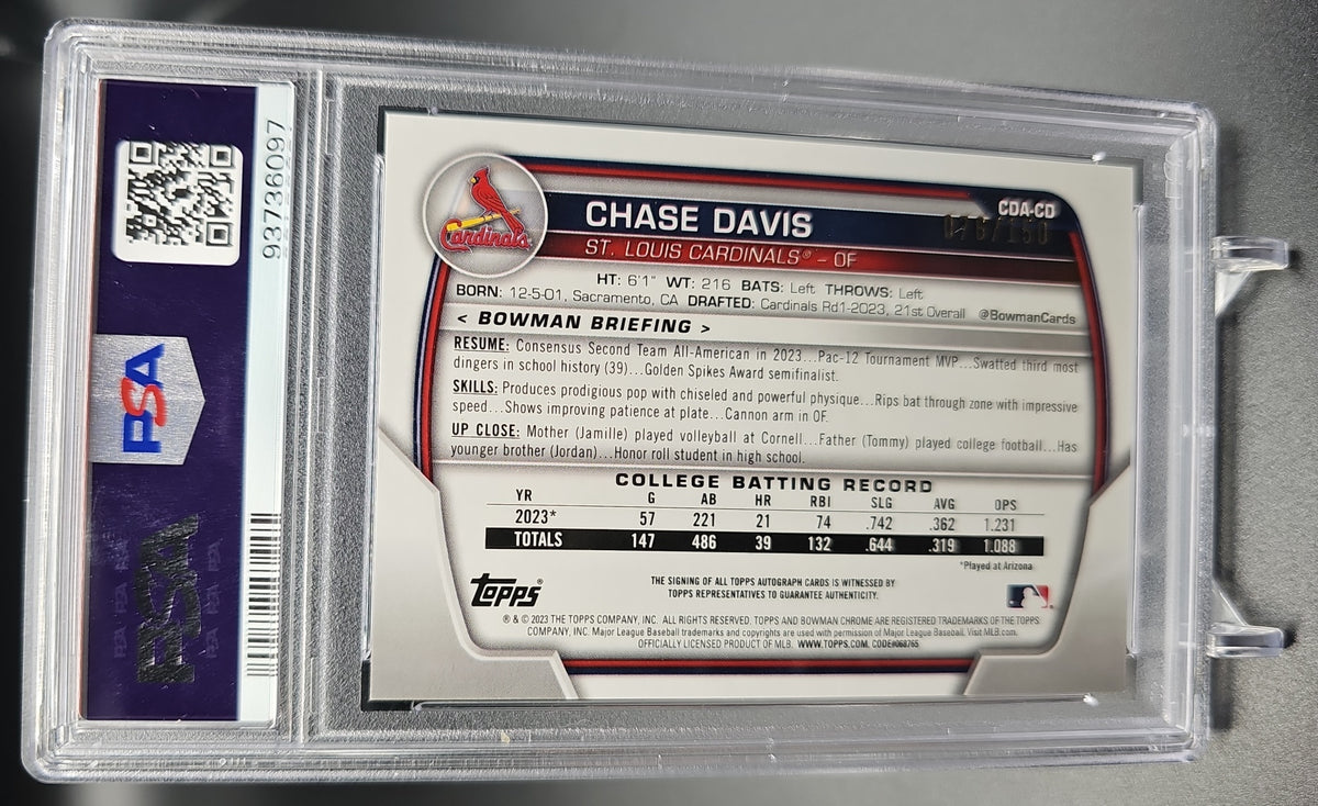 2023 Bowman Draft Chase Davis #CDA-CD Chrome Auto Blue Refractor /150 1st Prospect PSA 9 PSA 9.0 image 1