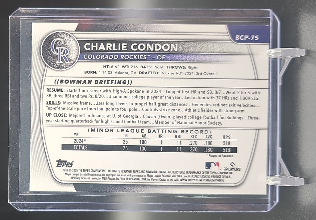 2025 Bowman Charlie Condon #BCP-75 Chrome Fuchsia Wave Refractor /199 1st Prospect image 1