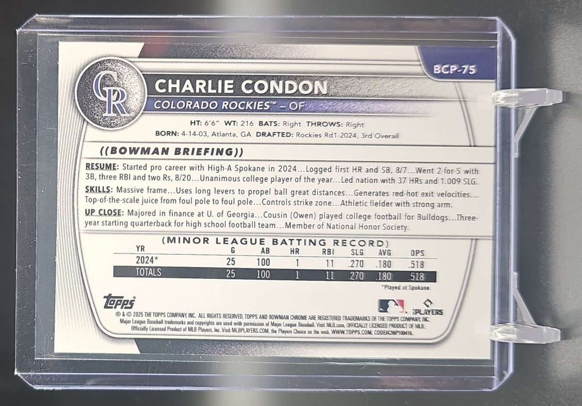2025 Bowman Charlie Condon #BCP-75 Chrome Fuchsia Wave Refractor /199 1st Prospect image 1