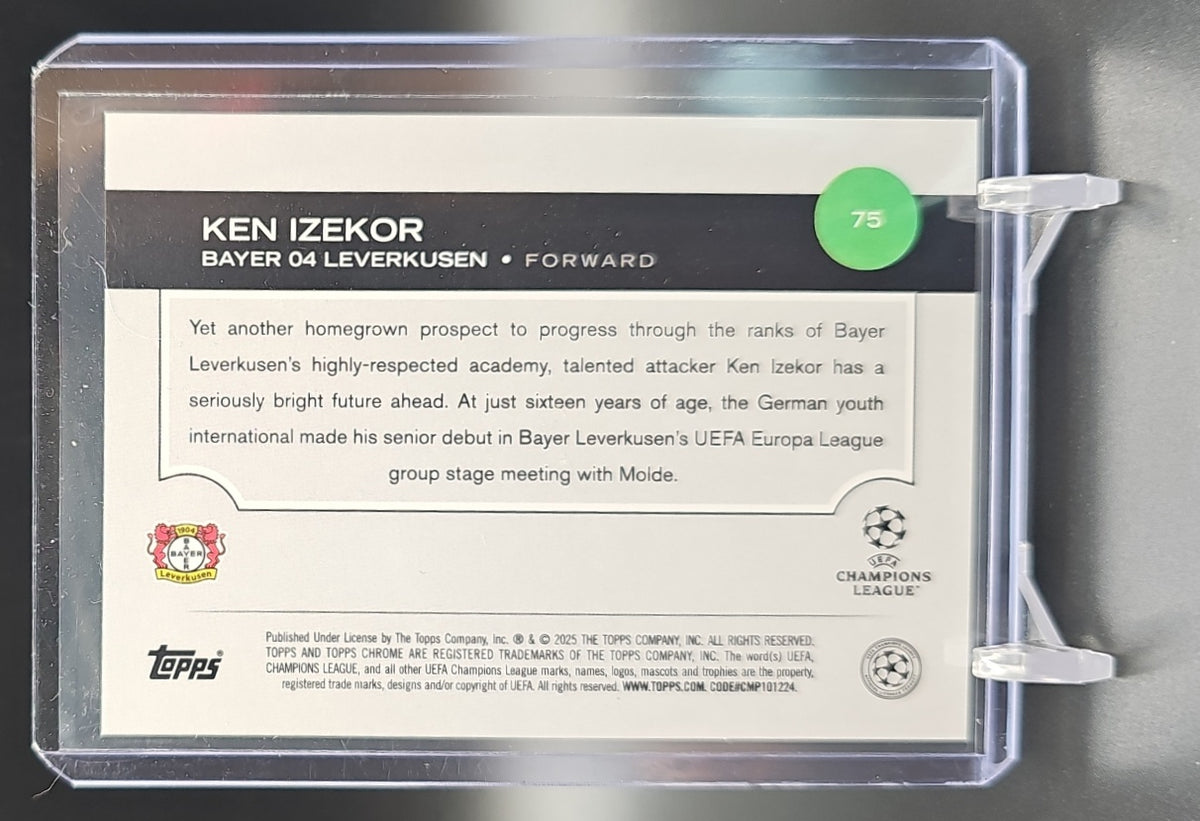 2024-25 Topps Chrome UEFA Club Competitions Ken Izekor #75 RC Leverkusen Red Sapphire /5 image 1