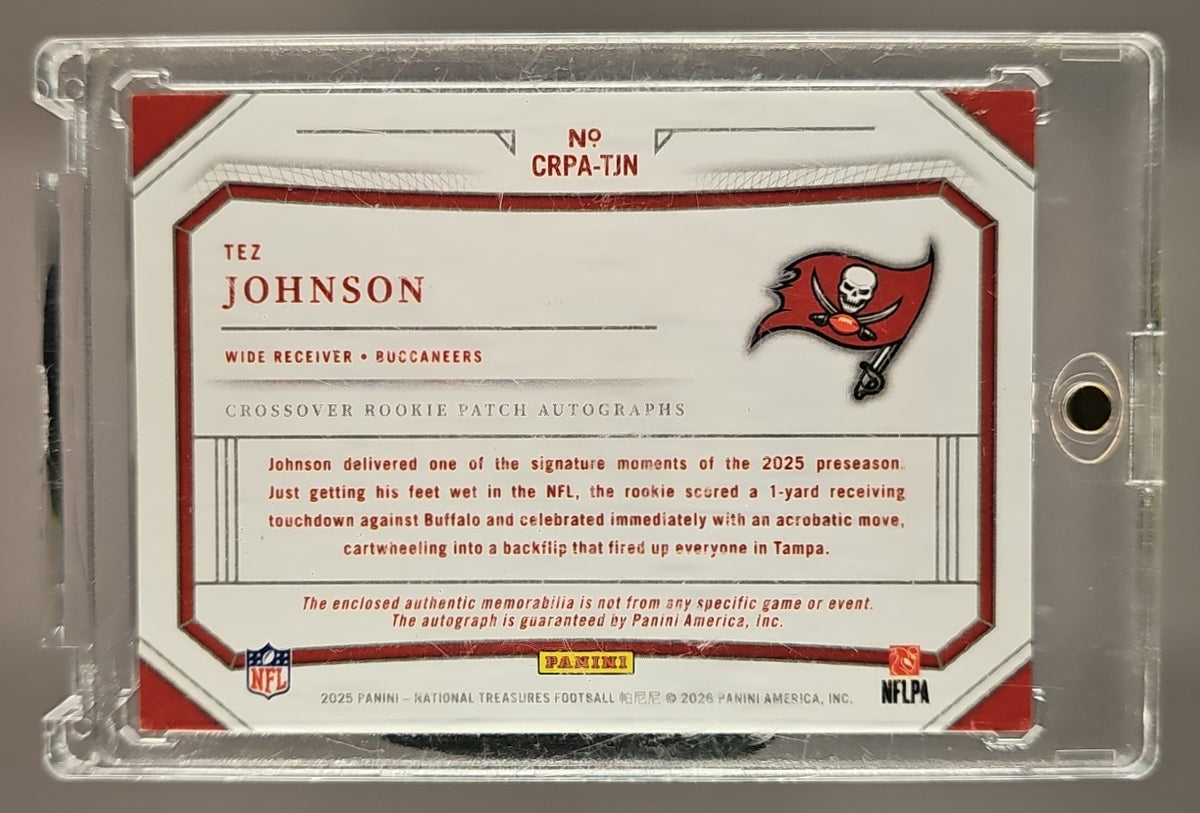 2025 Panini National Treasures Tez Johnson #CRPA-TJN Crossover Rookie Patch Auto Laundry Tag /5 MEM RC image 1