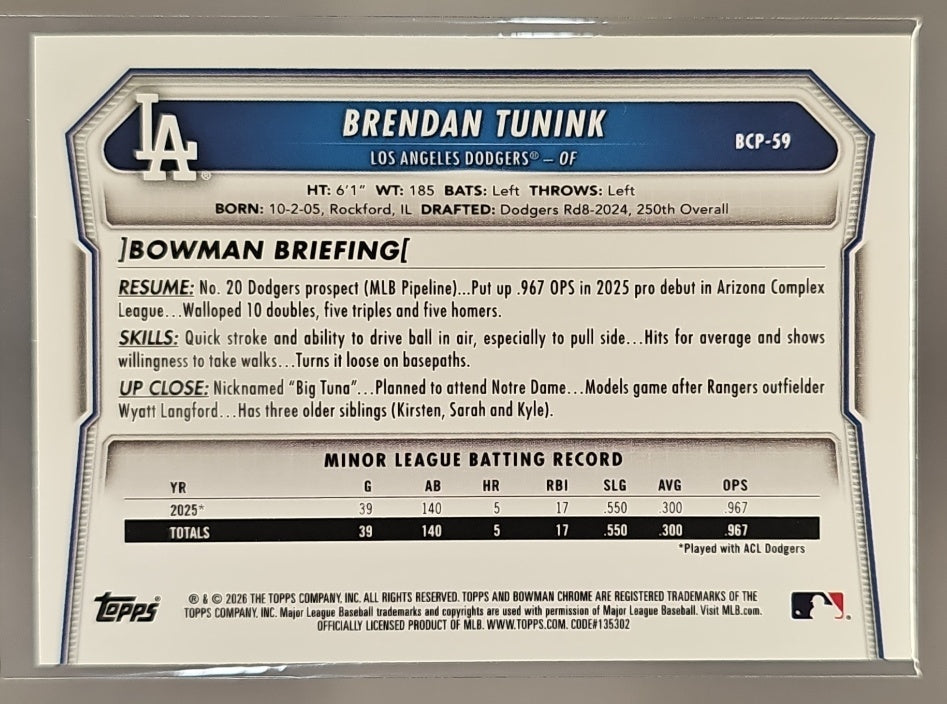 2026 Bowman Brendan Tunink #BCP-59 Chrome Yellow Sapphire /75 1st Prospect image 1