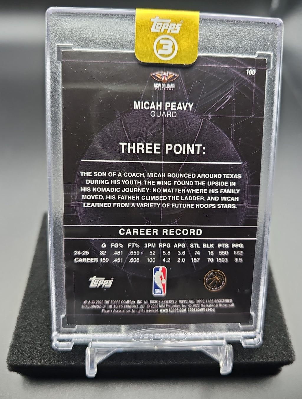 2025-26 Topps Three Micah Peavy #100 Bronze 11/25 RC Pelicans image 1