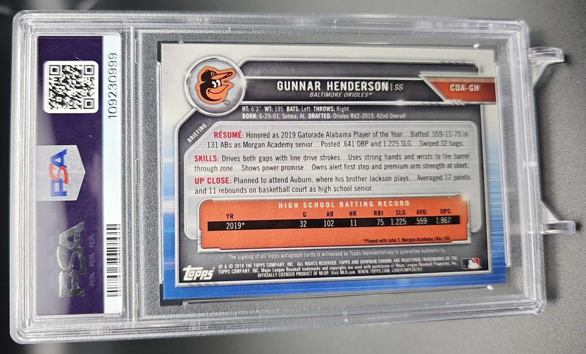 2019 Bowman Draft Gunnar Henderson #CDA-GH Chrome Pick Auto 1st Prospect PSA 9 PSA 9.0 image 1