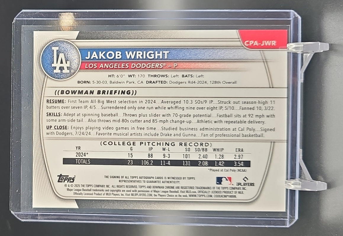 2025 Bowman Chrome Jakob Wright #CPA-JWR Auto Blue Refractor /150 1st Prospect nan nan image 1