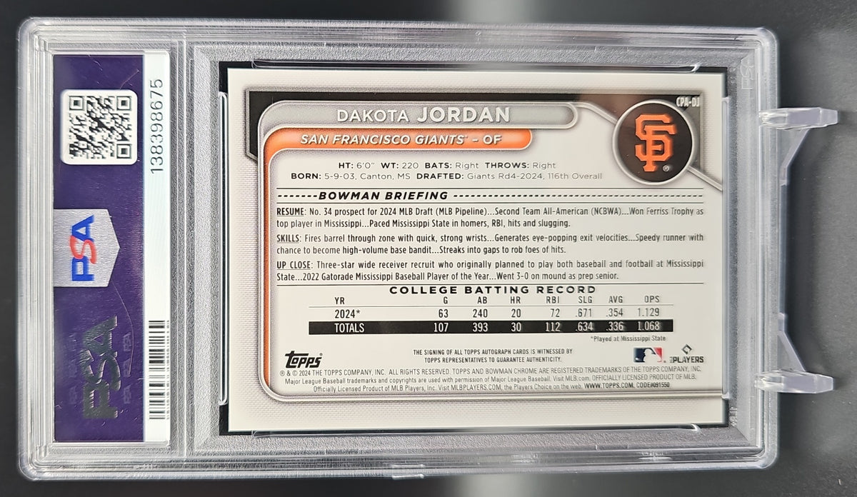 2024 Bowman Draft Dakota Jordan #CPA-DJ Chrome Auto Sparkles Refractor /71 1st Prospect PSA 10 PSA 10.0 image 1