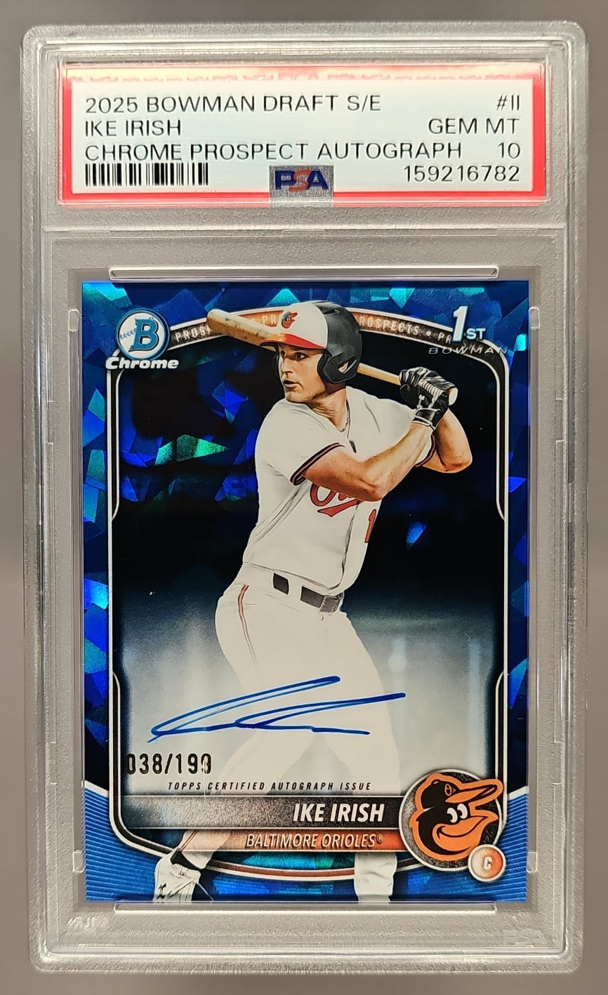 2025 Bowman Draft Sapphire Ike Irish #CPA-II Chrome Auto /199 1st Prospect PSA 10 image 0