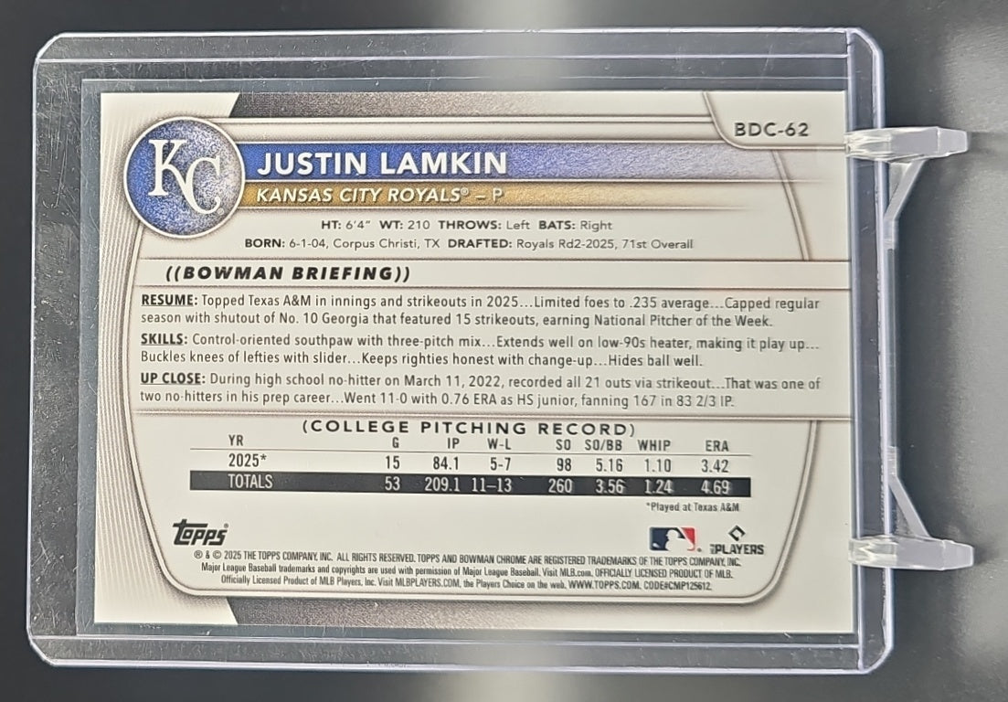 2025 Bowman Draft Justin Lamkin #BDC-62 Chrome Aqua Geometric Refractor /125 1st Prospect nan nan image 1