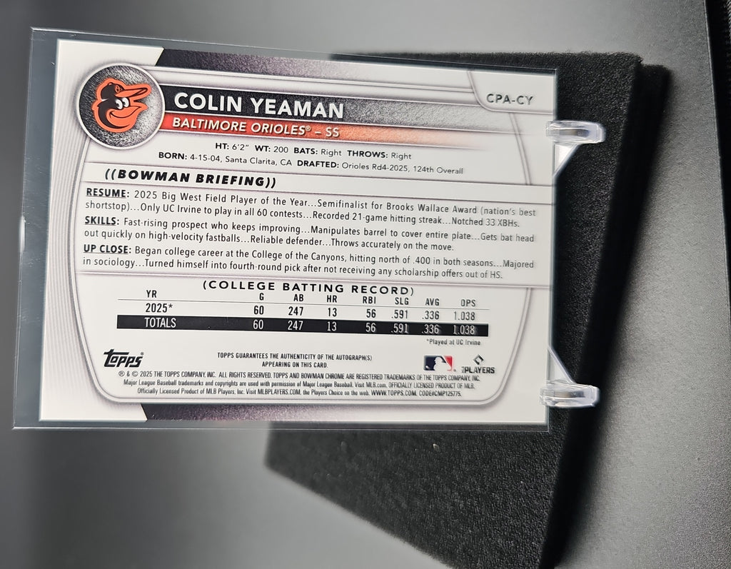 2025 Bowman Draft Colin Yeaman #CPA-CY Chrome Auto Gold Refractor /50 1st Prospect image 1