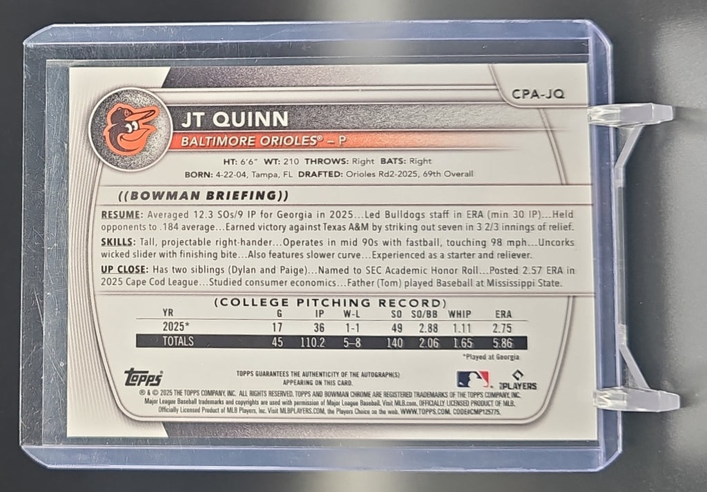 2025 Bowman Draft JT Quinn #CPA-JQ Chrome Auto 1st Prospect Orioles nan nan image 1