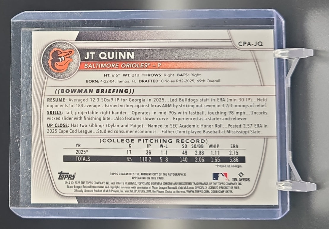 2025 Bowman Draft JT Quinn #CPA-JQ Chrome Auto 1st Prospect Orioles nan nan image 1