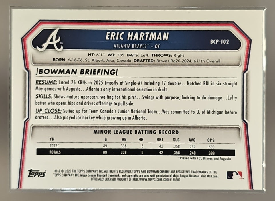 2026 Bowman Eric Hartman #BCP-102 Chrome Speckle Refractor /299 1st Prospect image 1