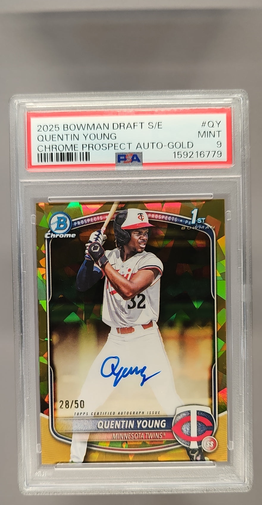 2025 Bowman Draft Sapphire Quentin Young #CPA-QY Chrome Auto Gold Refractor /50 1st Prospect PSA 9 image 0