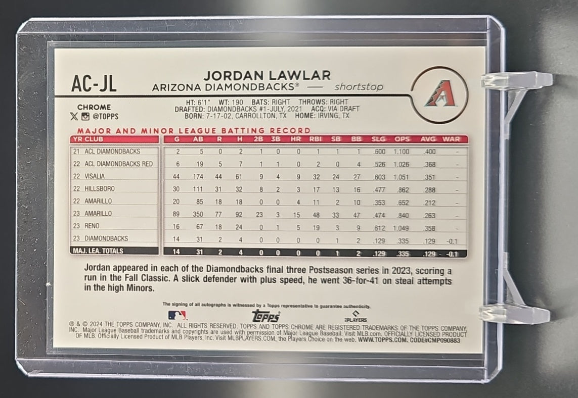 2024 Topps Chrome Update Jordan Lawlar #AC-JL Auto Purple Refractor /250 RC nan nan image 1