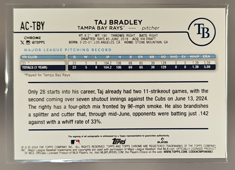 2024 Topps Chrome Update Taj Bradley #AC-TBY Auto Orange Wave Refractor /25 Rays image 1
