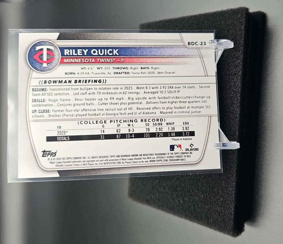 2025 Bowman Draft Sapphire Riley Quick #BDC-23 Chrome Orange Refractor /25 1st Prospect image 1