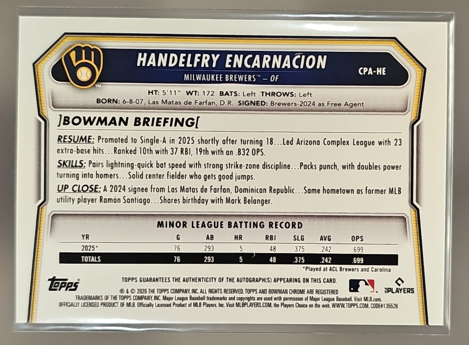 2026 Bowman Handelfry Encarnacion #CPA-HE Chrome Auto 1st Prospect Brewers image 1