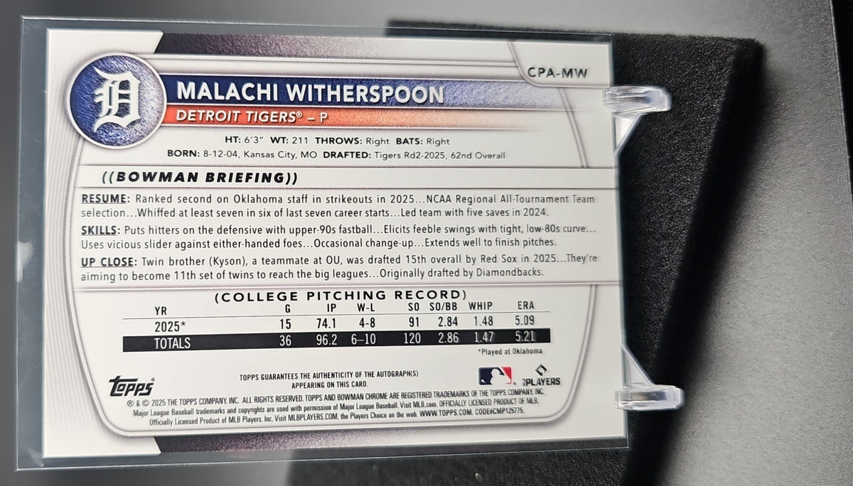 2025 Bowman Draft Malachi Witherspoon #CPA-MW Chrome Auto Purple Refractor /250 1st Prospect image 1