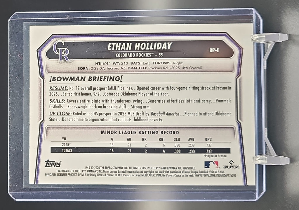2026 Bowman Ethan Holliday #BP-1 Purple Pattern 244/250 1st Prospect Rockies nan nan image 1